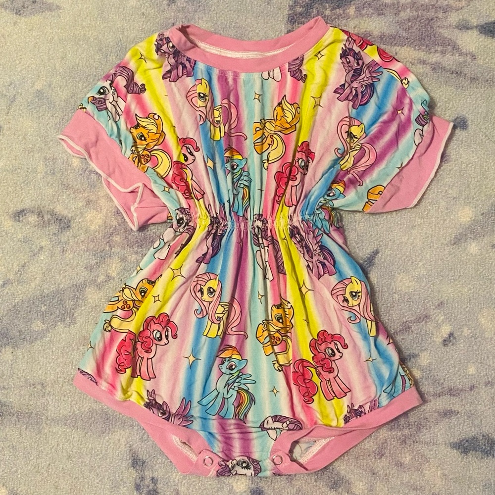 Custom bamboo MLP My Little Pony cinched waist romper with bottom snaps 2T